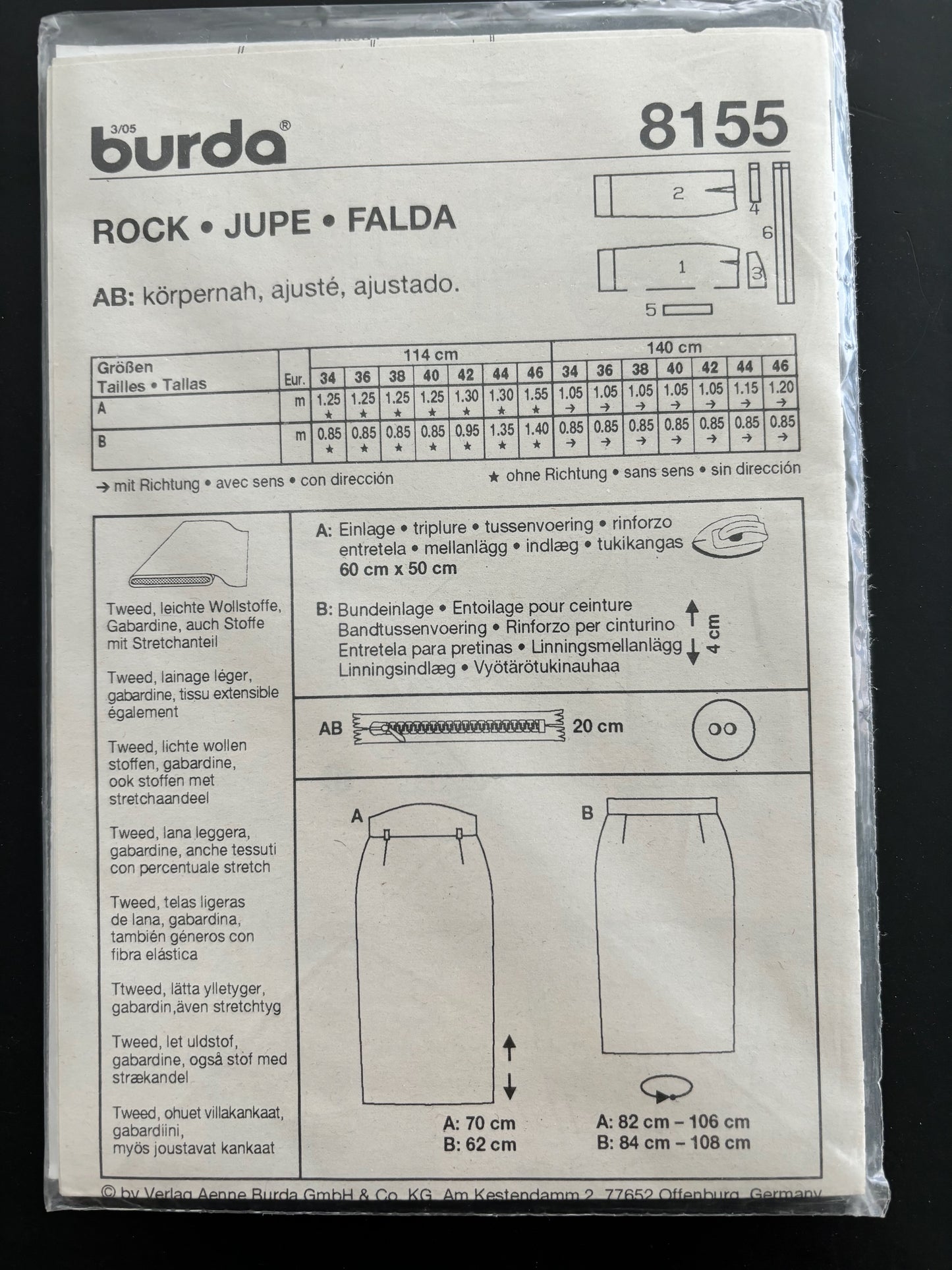 Burda Easy 8155 Pencil Skirt Size 8-20 Sewing Pattern