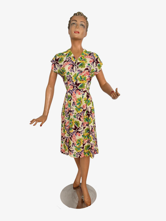 S | 1940s Floral Cold Rayon Day Dress