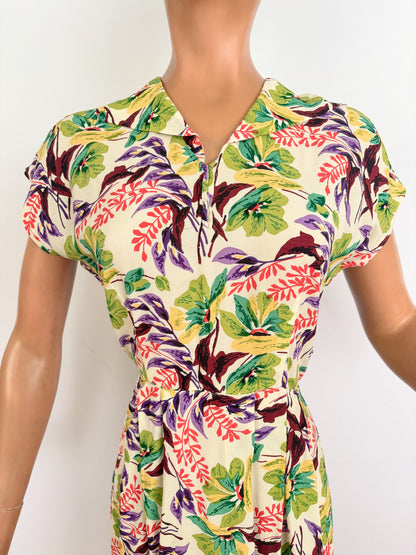 S | 1940s Floral Cold Rayon Day Dress