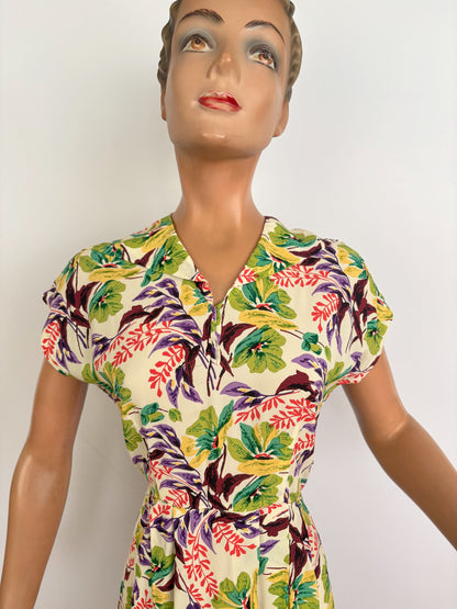 S | 1940s Floral Cold Rayon Day Dress