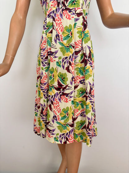 S | 1940s Floral Cold Rayon Day Dress