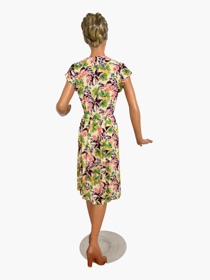 S | 1940s Floral Cold Rayon Day Dress
