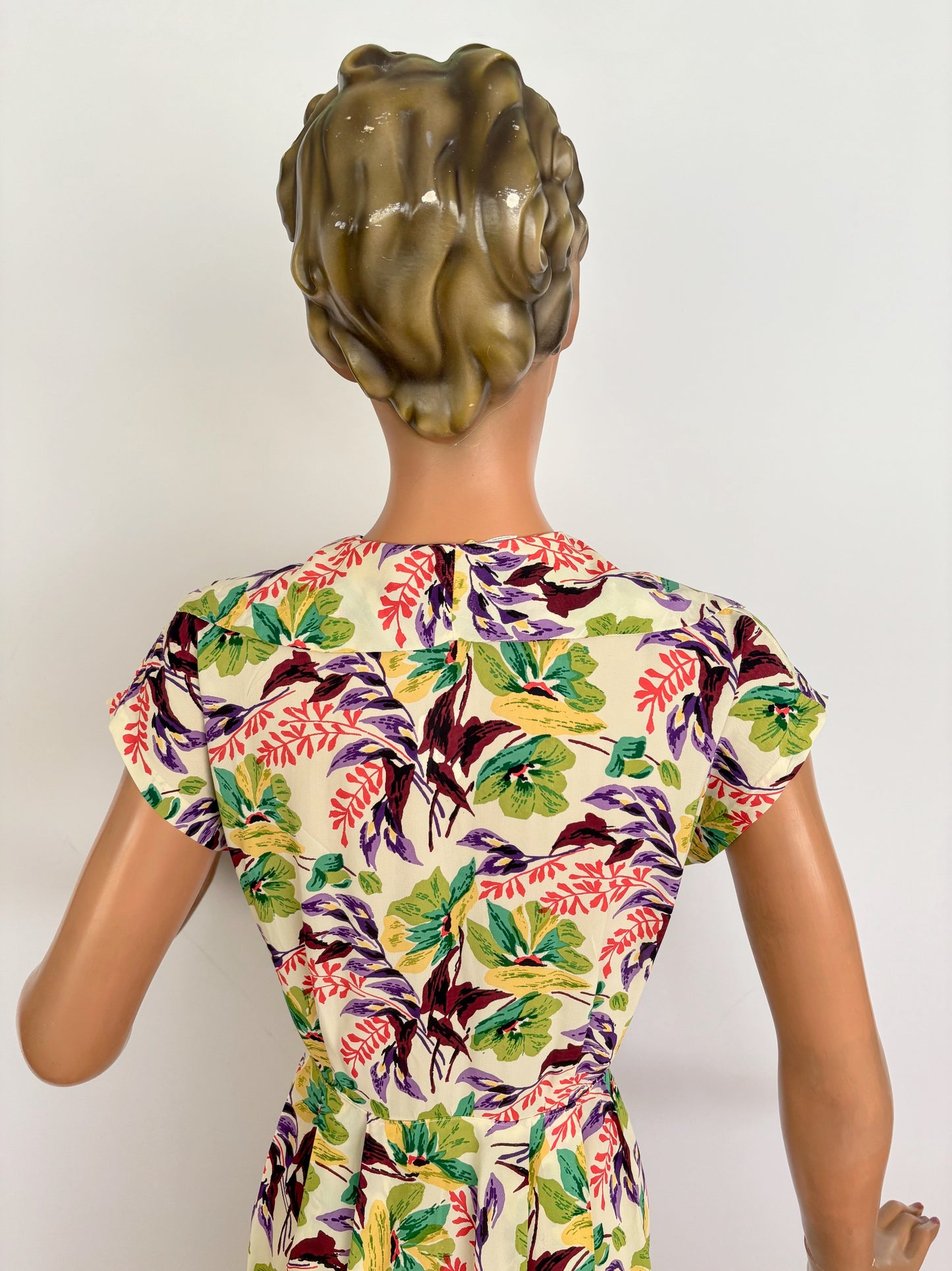 S | 1940s Floral Cold Rayon Day Dress