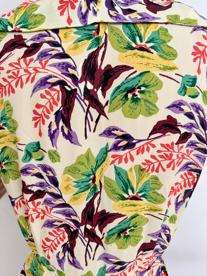 S | 1940s Floral Cold Rayon Day Dress