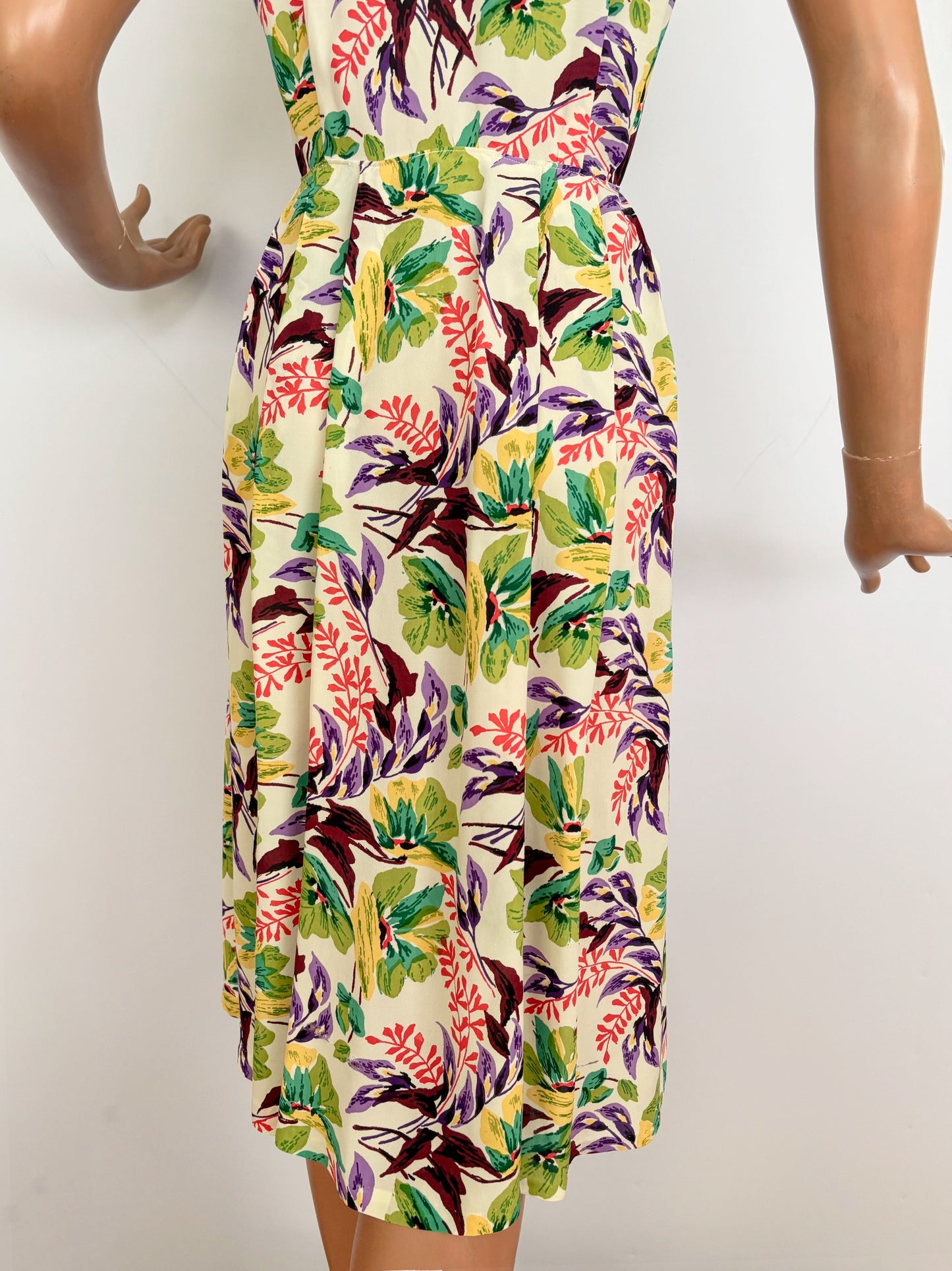 S | 1940s Floral Cold Rayon Day Dress
