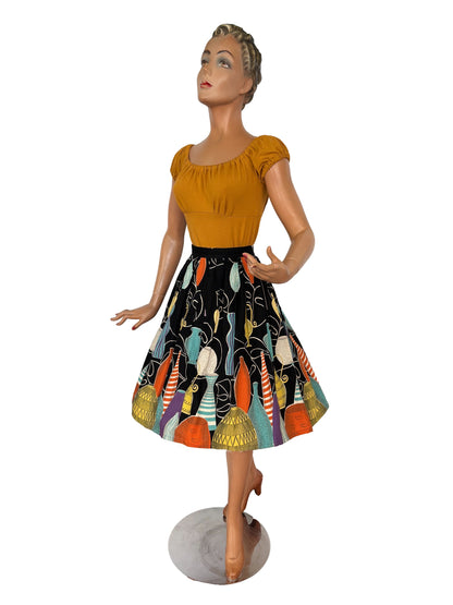 M | 1950s Barkcloth Novelty Skirt With Vase Print