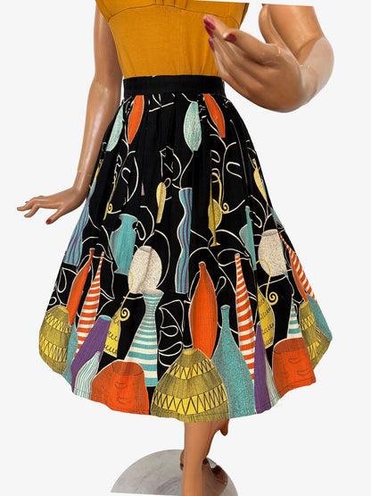 M | 1950s Barkcloth Novelty Skirt With Vase Print