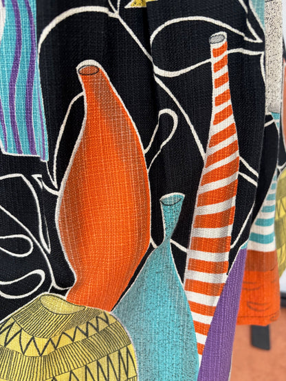 M | 1950s Barkcloth Novelty Skirt With Vase Print