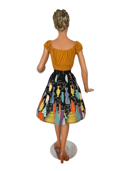 M | 1950s Barkcloth Novelty Skirt With Vase Print