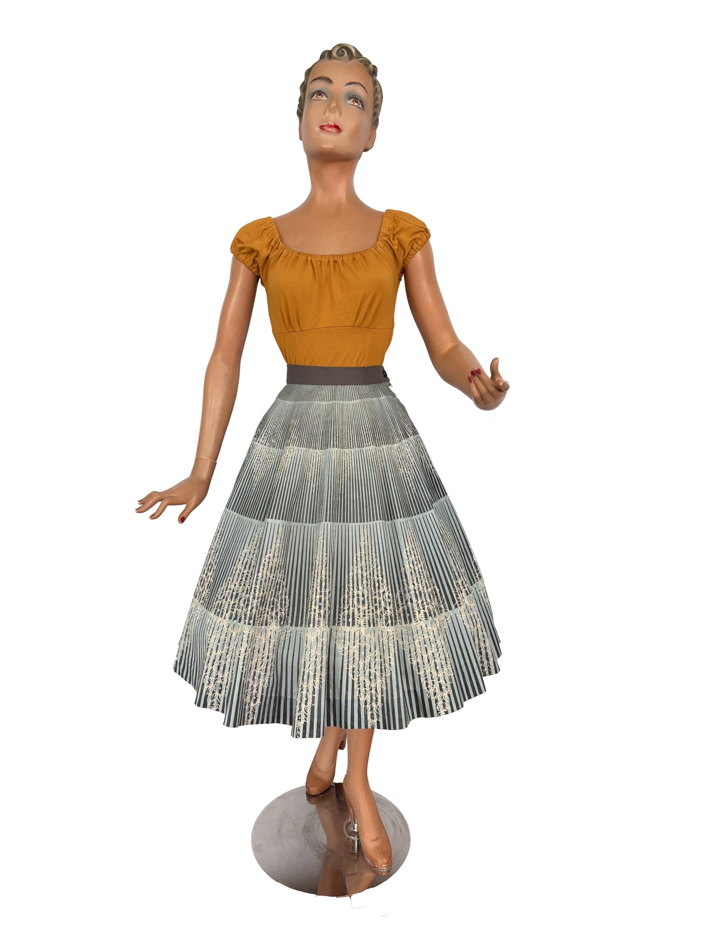 S | 1950s/60s Blue Grey Cotton Circle Skirt