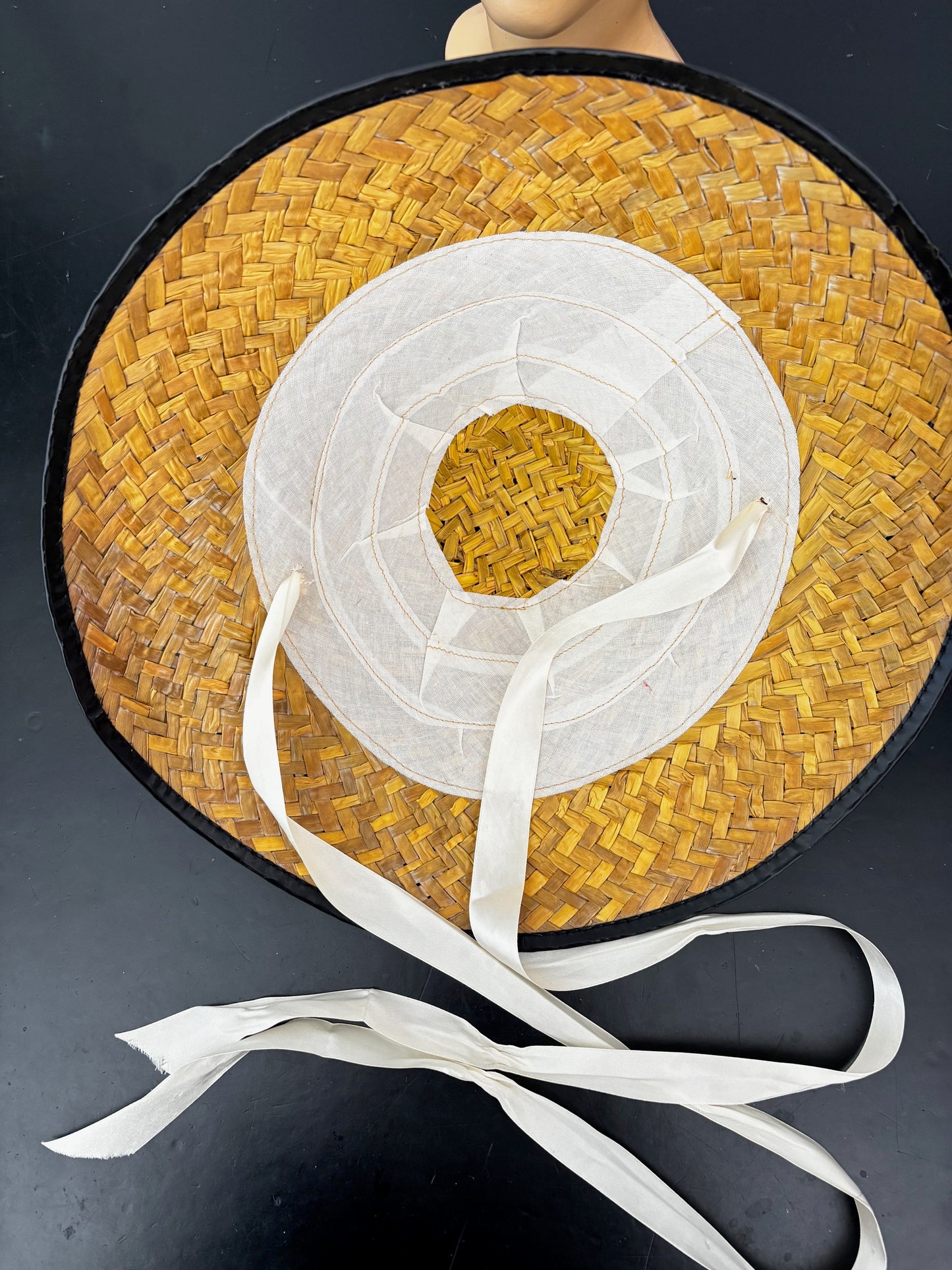 1960s Asian-Style Conical Straw Hat With Satin Ties