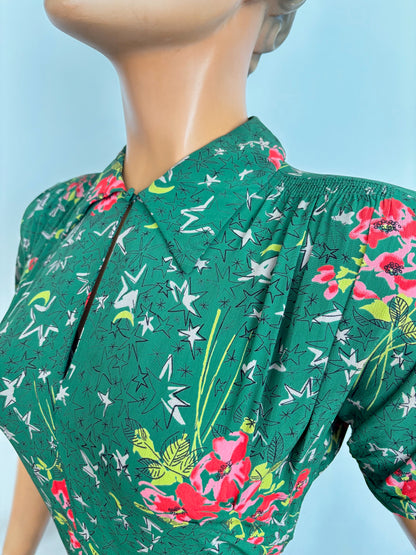 1940s R&K Original Forest Green Cold Rayon Dress | XS/S