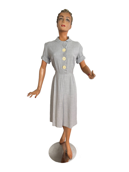 1940s/50s Hobbies Lorch of Dallas Light Blue Grey Wool Day Dress | S/M