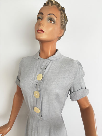 1940s/50s Hobbies Lorch of Dallas Light Blue Grey Wool Day Dress | S/M