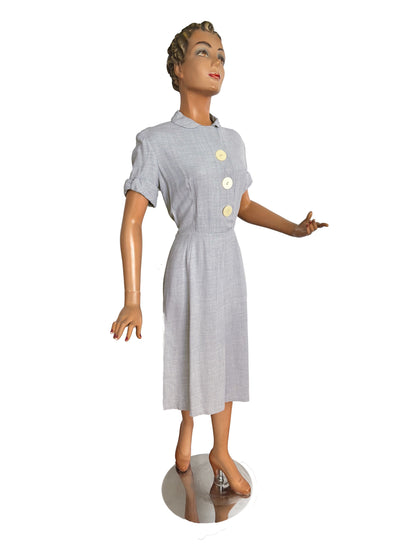 1940s/50s Hobbies Lorch of Dallas Light Blue Grey Wool Day Dress | S/M