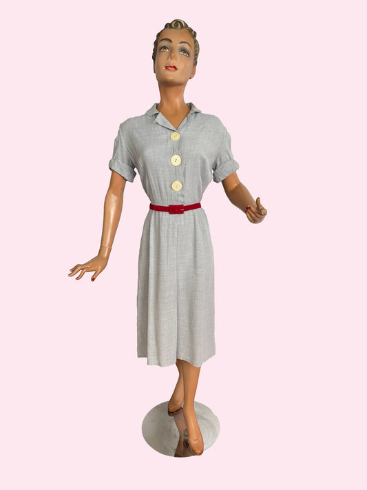 1940s/50s Hobbies Lorch of Dallas Light Blue Grey Wool Day Dress | S/M