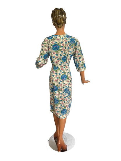 1950s Cream Dress With Blue And Pink Roses by Reba Moden | L/XL