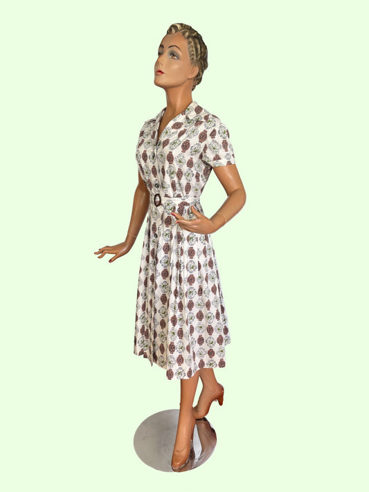 1940s 1950s Novelty Lock Print Button Down Dress w. Matching Belt | M