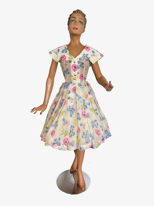 1950s White Floral Semi Sheer Chiffon Dress | M