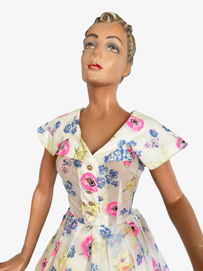 1950s White Floral Semi Sheer Chiffon Dress | M
