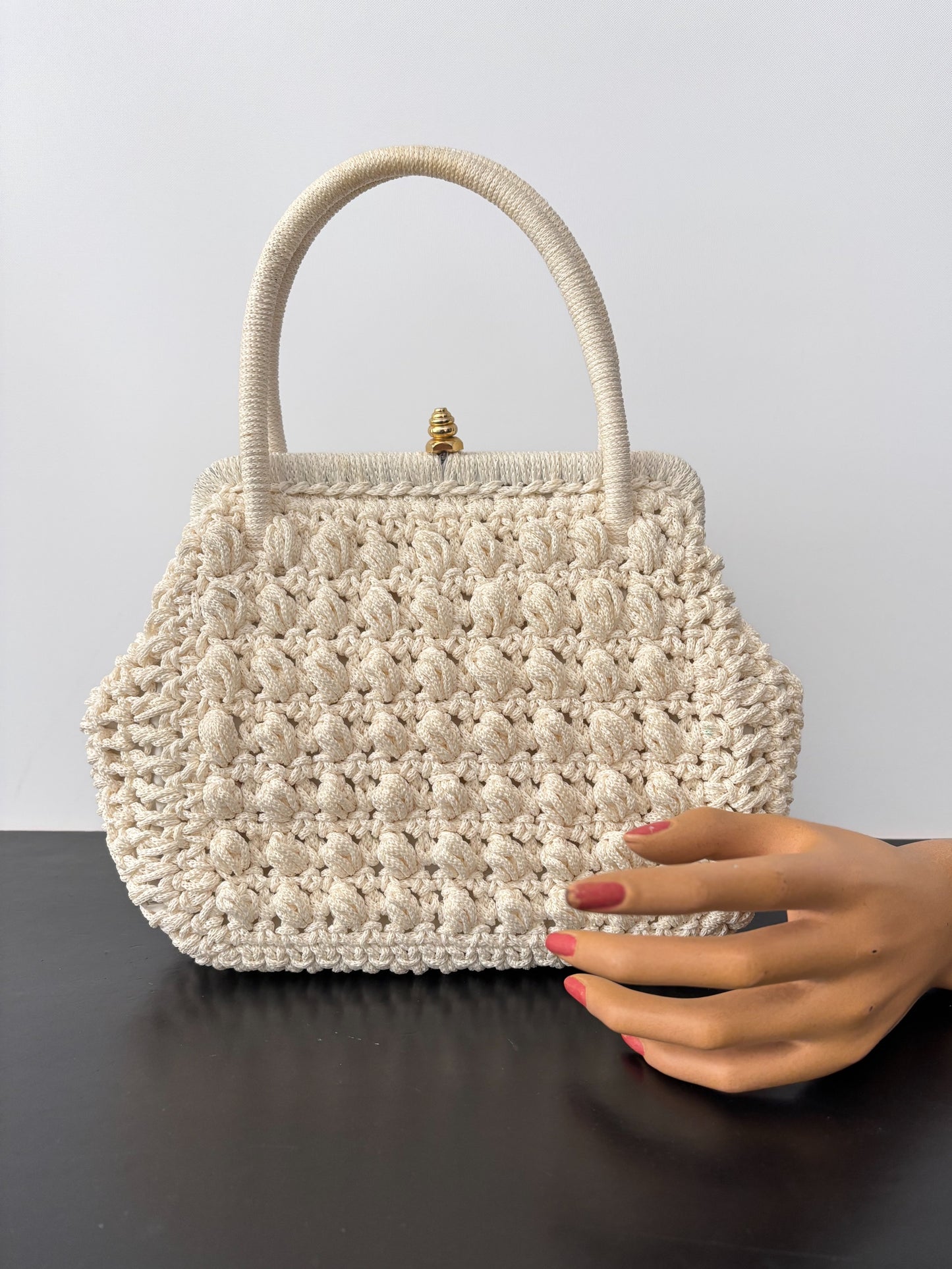 1950s/60s Cream Cord Handbag With Gold Tone Closure