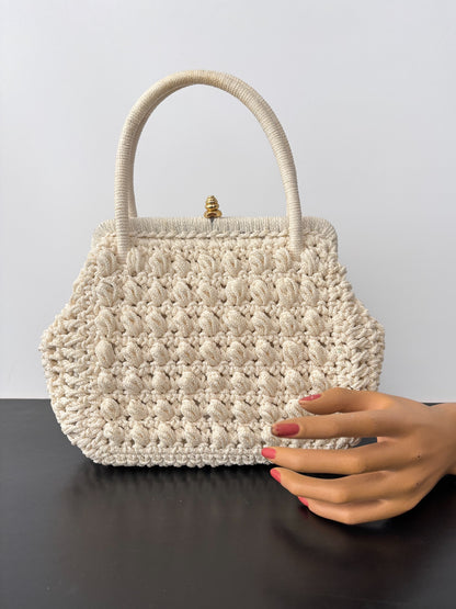 1950s/60s Cream Cord Handbag With Gold Tone Closure