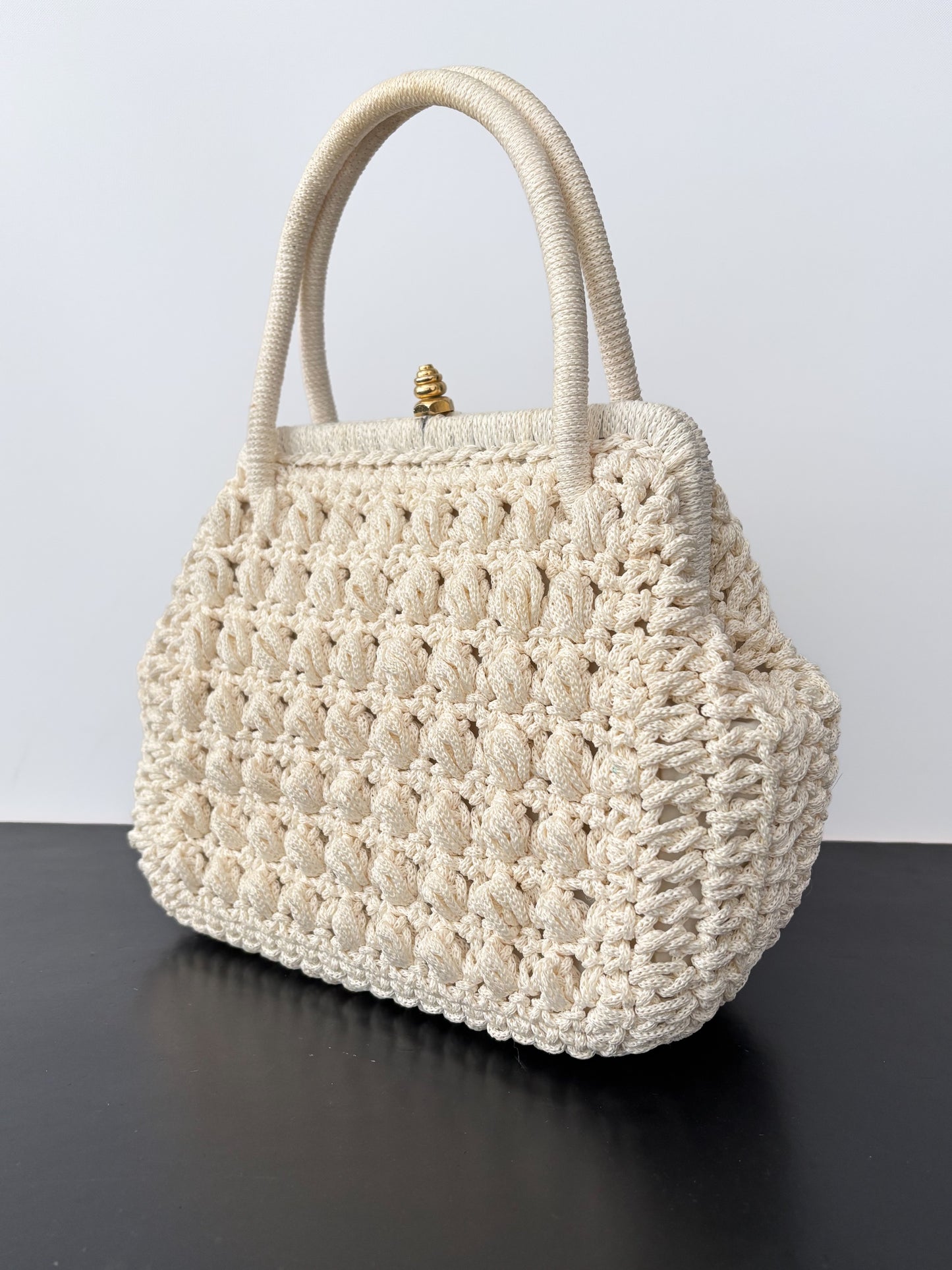 1950s/60s Cream Cord Handbag With Gold Tone Closure