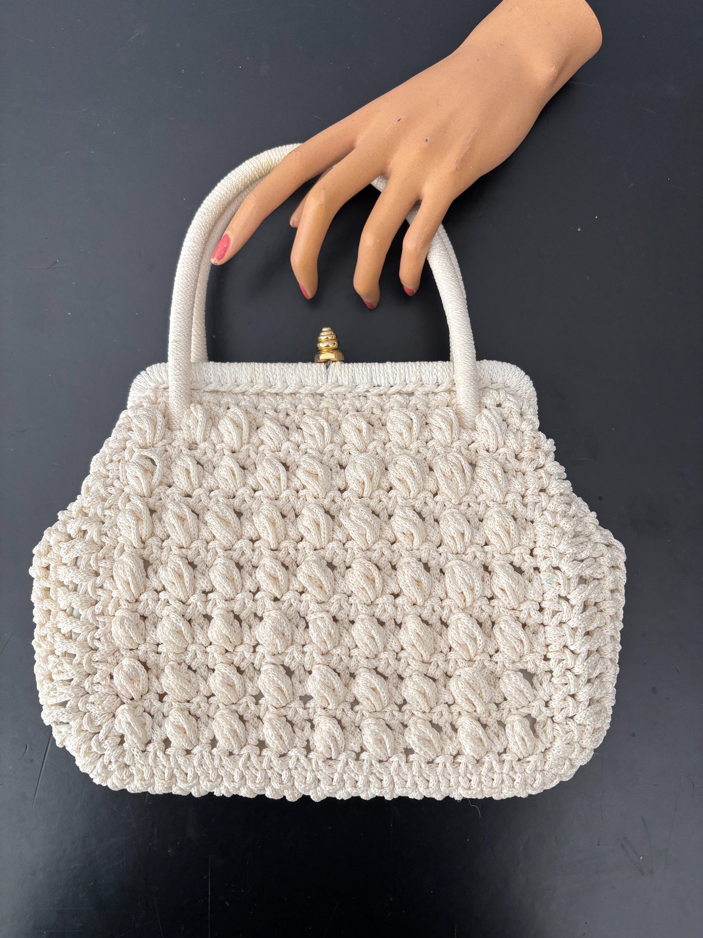 1950s/60s Cream Cord Handbag With Gold Tone Closure
