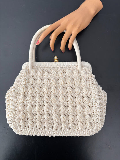 1950s/60s Cream Cord Handbag With Gold Tone Closure