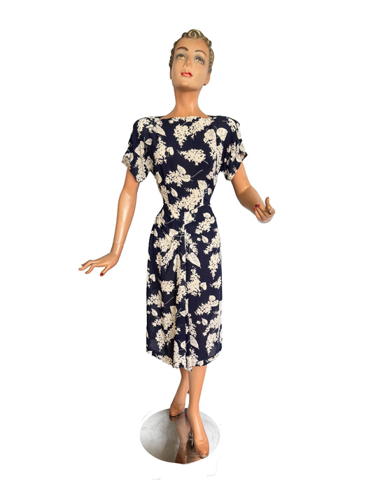 1940s Midnight Blue Crepe Rayon Dress | XS/S