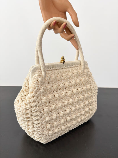 1950s/60s Cream Cord Handbag With Gold Tone Closure