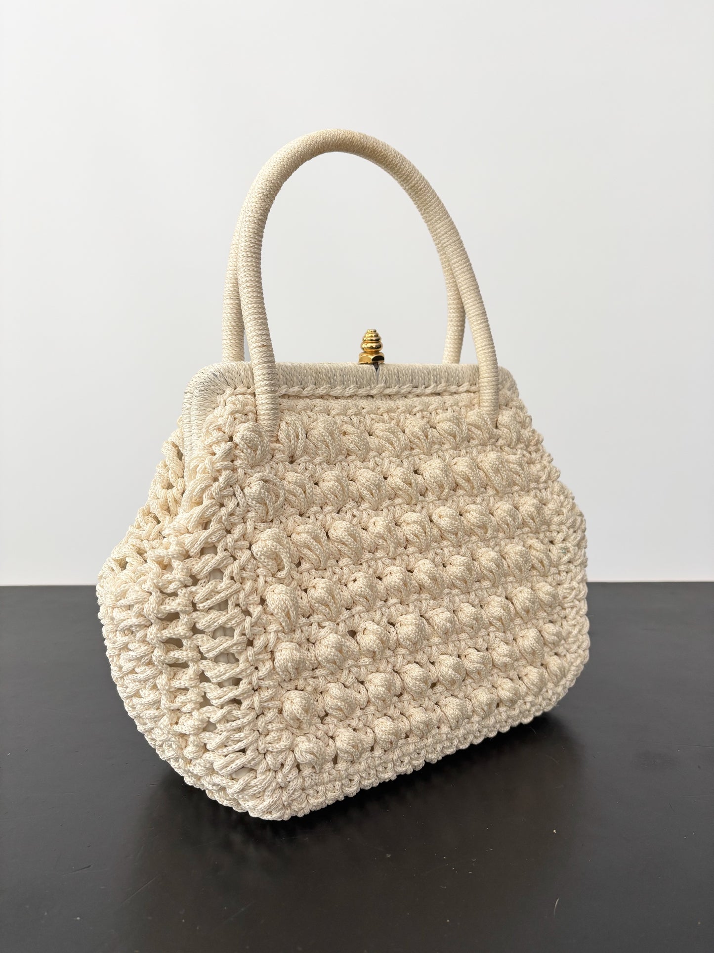 1950s/60s Cream Cord Handbag With Gold Tone Closure