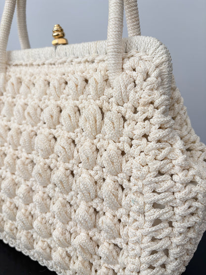 1950s/60s Cream Cord Handbag With Gold Tone Closure