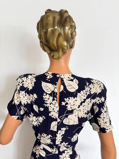1940s Midnight Blue Crepe Rayon Dress | XS/S