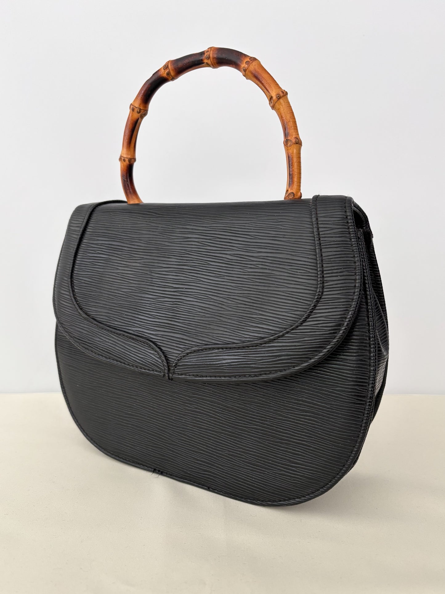 1980s Black Faux Leather Handbag With Bamboo Handle