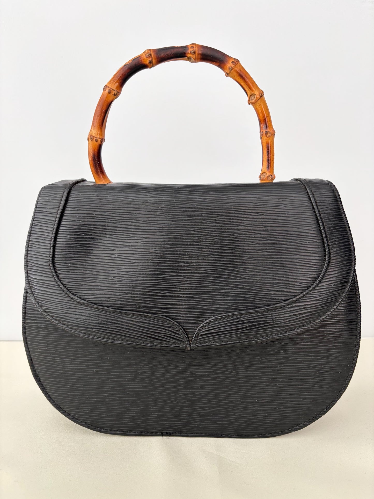1980s Black Faux Leather Handbag With Bamboo Handle