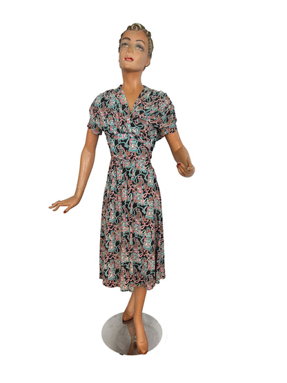1940s Max Kopp Rayon California Novelty Print Dress | Size XS