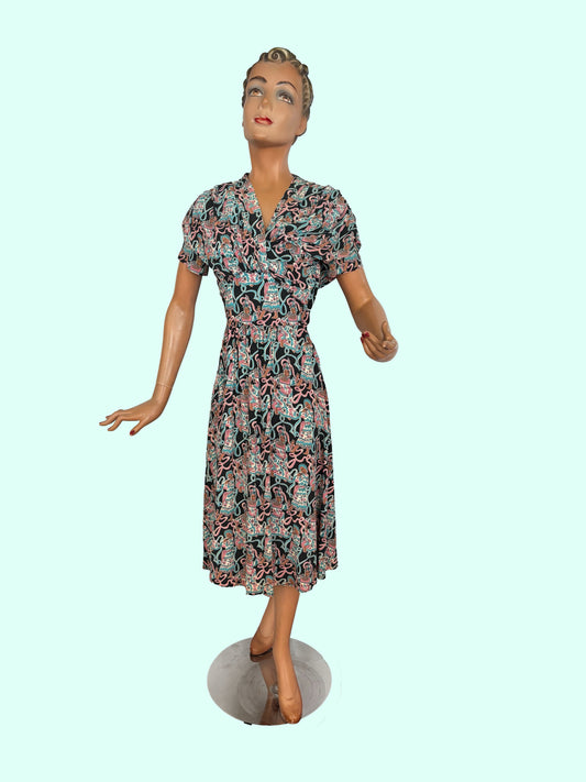1940s Max Kopp Rayon California Novelty Print Dress | Size XS (kopie)