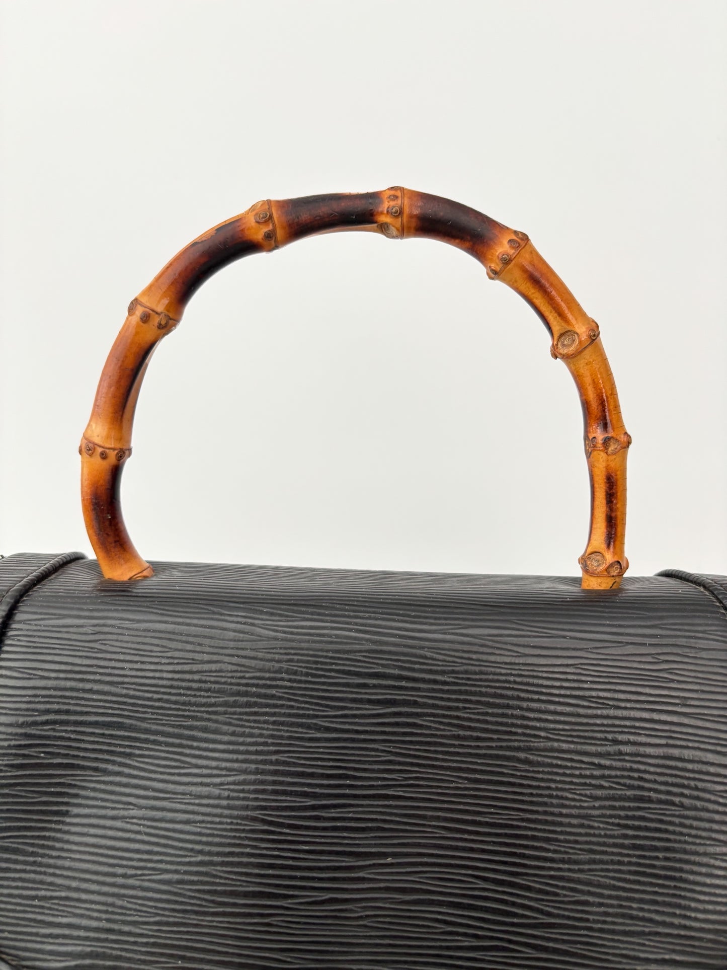 1980s Black Faux Leather Handbag With Bamboo Handle