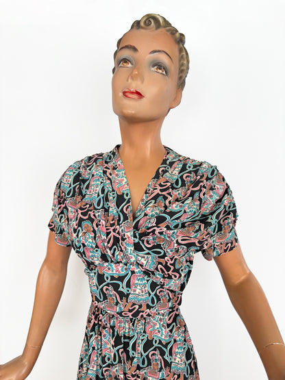 1940s Max Kopp Rayon California Novelty Print Dress | Size XS