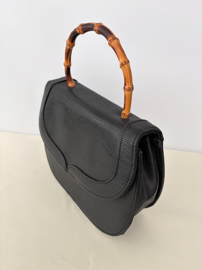 1980s Black Faux Leather Handbag With Bamboo Handle