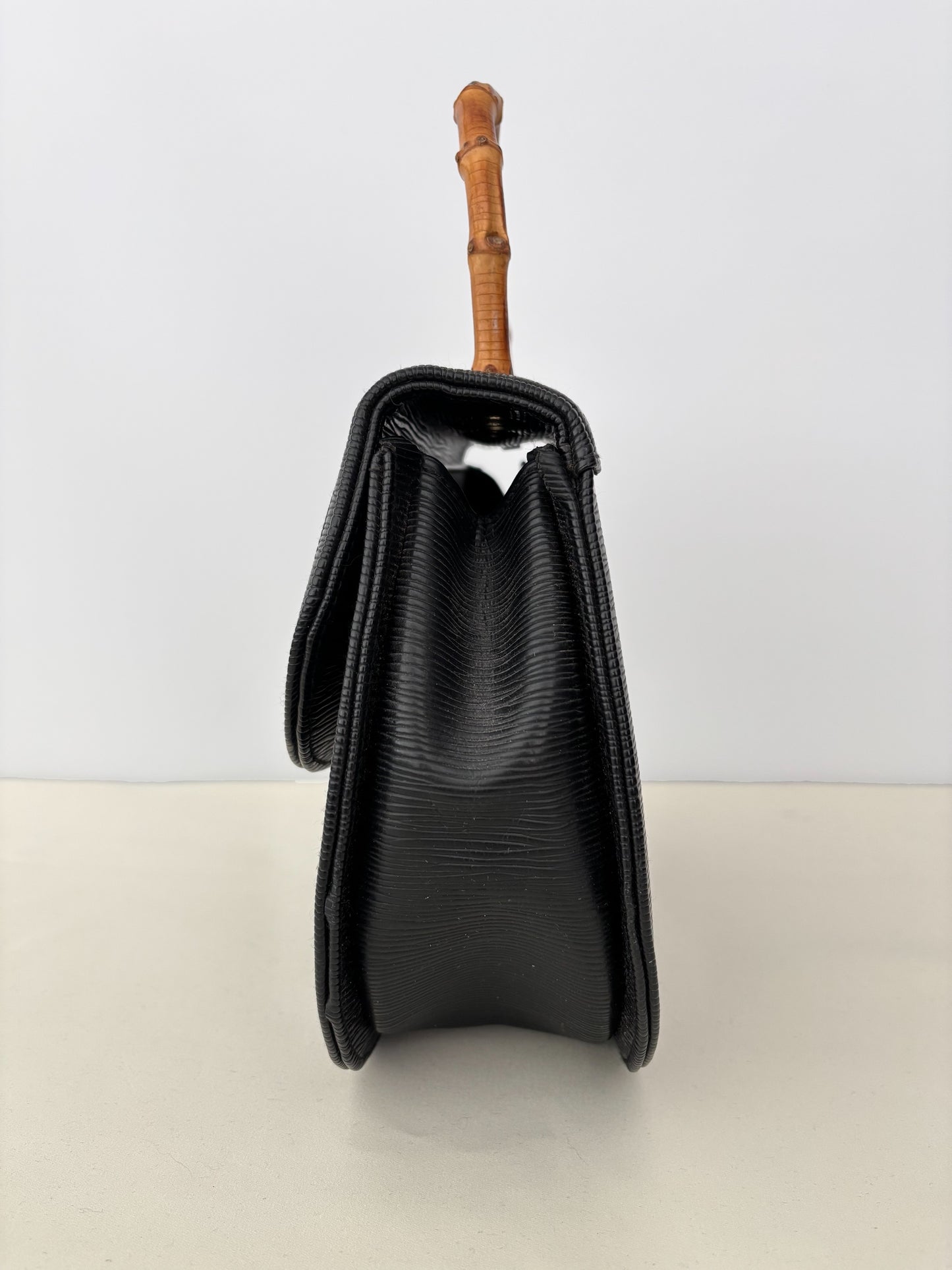 1980s Black Faux Leather Handbag With Bamboo Handle