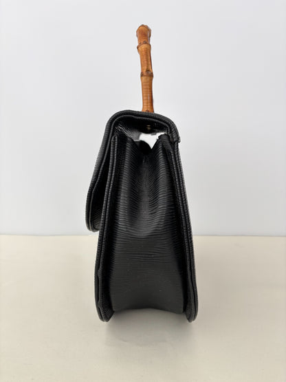 1980s Black Faux Leather Handbag With Bamboo Handle