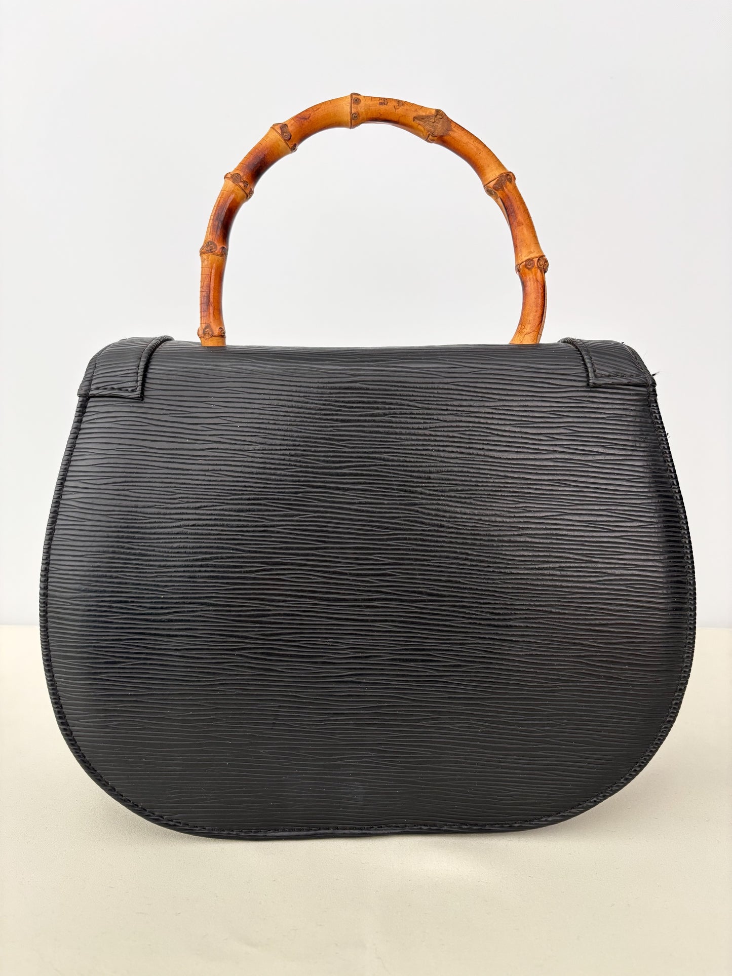 1980s Black Faux Leather Handbag With Bamboo Handle