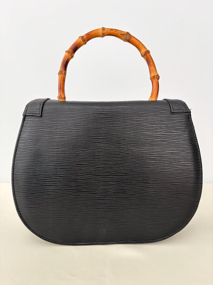 1980s Black Faux Leather Handbag With Bamboo Handle