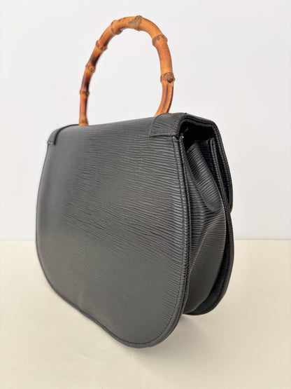 1980s Black Faux Leather Handbag With Bamboo Handle