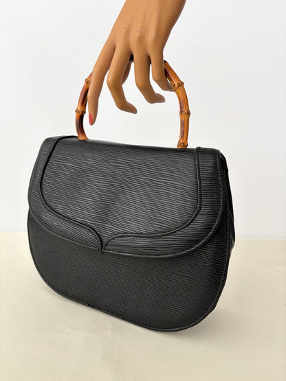 1980s Black Faux Leather Handbag With Bamboo Handle
