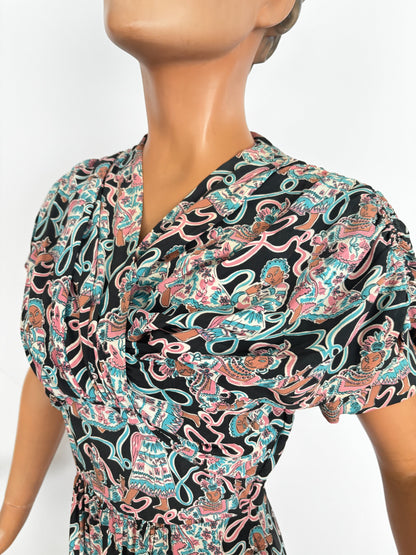 1940s Max Kopp Rayon California Novelty Print Dress | Size XS