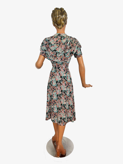 1940s Max Kopp Rayon California Novelty Print Dress | Size XS