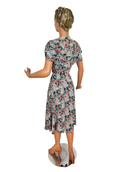 1940s Max Kopp Rayon California Novelty Print Dress | Size XS